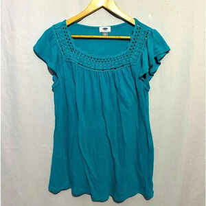 Old Navy Women's Teal Crochet Lace Collar Cap Sleeve Blouse